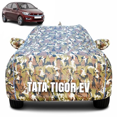 Image of 100% Waterproof Car Body Cover for Tata Tigor EV with Mirror Pocket (Heat & UV Resistant, Triple Stitched, Soft Lining, Bottom Elastic & Piping) Camouflage, Military Print