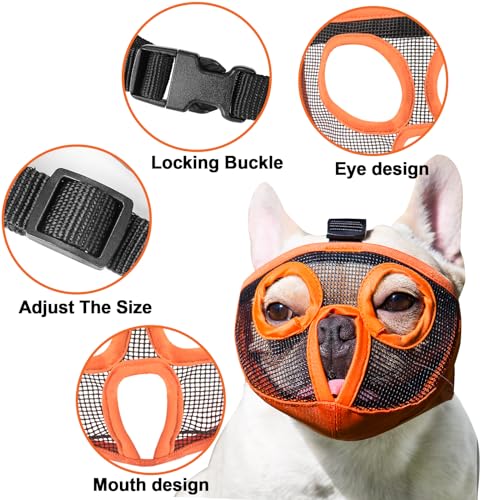 Image of Short Snout Dog Muzzles- Adjustable Breathable Mesh Bulldog Muzzle for Biting Chewing Licking Training Grooming Dog Mask (Orange, Small /9 inch-12 inch)