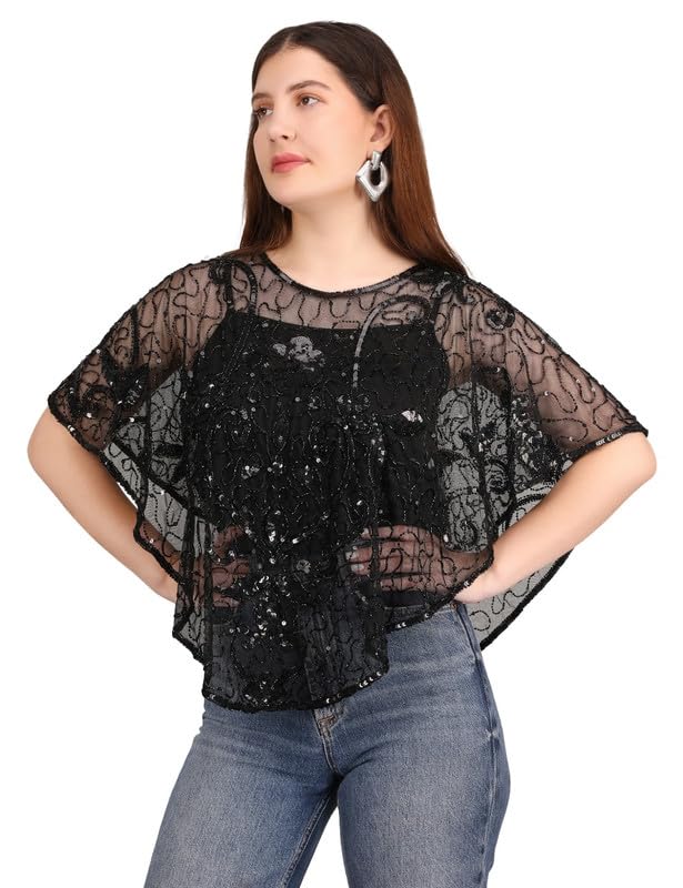Ali Fashion Women’s Hand-Beaded Embellished V-Style Long Net Poncho Cape – Floral Pattern Loose Capelet Wrap for Evening Dress, Beachwear & Shoulder Cover Shrug Ali Fashion Women’s Hand-Beaded Embellished V-Style Long Net Poncho Cape – Floral Pattern Loose Capelet Wrap for Evening Dress, Beachwear & Shoulder Cover Shrug