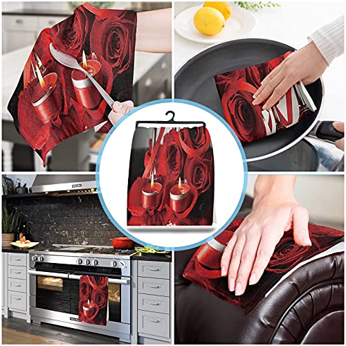 Valentines Kitchen Towels Set Red Wine Roses Valentine's Day Dish Towel Elegent Floral Black Romantic Dishcloths 2 Pack,18X28 Inches Absorbent Soft Cotton Dish Cloths Bar Towels & Tea Towels #TOP3