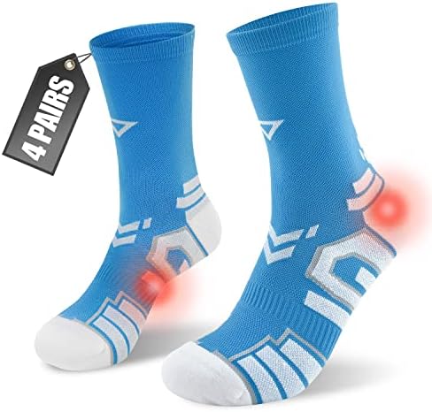 ROBJAYUN Performance Compression Sport Running Socks For Men Women Seamless Cushion Crew Socks Plantar Fasciitis Neuropathy Socks (M, 4 pair Blue)