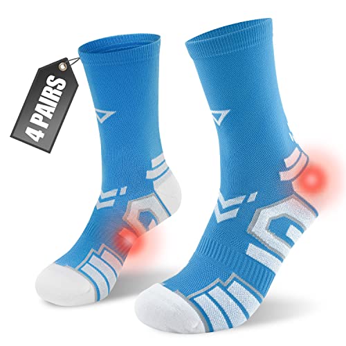 Robjayun Performance Compression Sport Running Socks For Men Women Seamless Cushion Crew Socks Plantar Fasciitis Neuropathy Socks (M, 4 Pair Blue) #TOP2