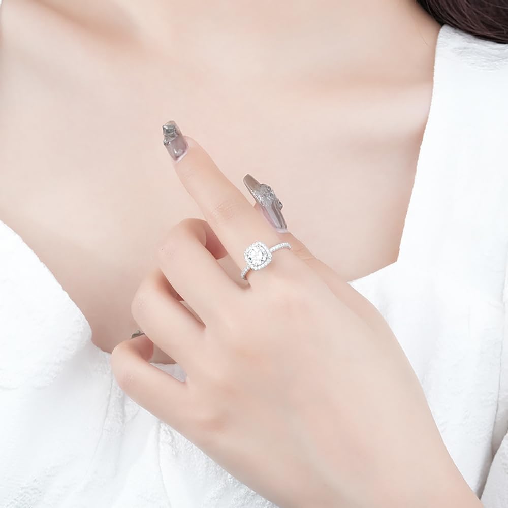 S925 Sterling Silver Square 1 Carat Diamond Engagement Ring for Women | VVS1, D-Color | Trendy Bridal Accessory