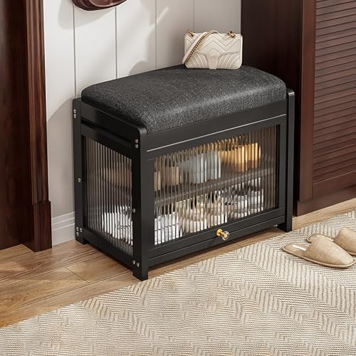 IYUESQ Zapatero de Dos Niveles con estantes y cojín, Ideal para el Final de la Cama y con Puerta de Cristal para la Entrada del Pasillo (Negro, 50 x 32 x 43 cm).
