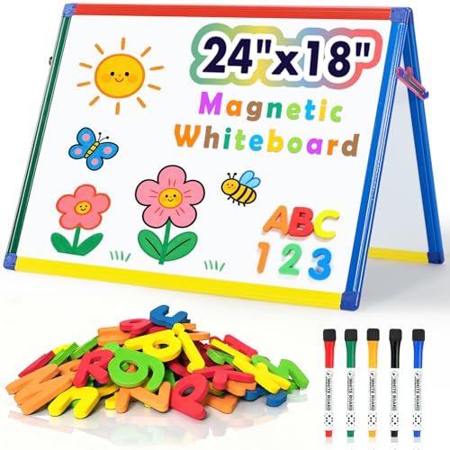 SWANCROWN Magnetic Board for Kids - Tabletop White Board for Children- 24x18 Inch Double Sided Foldable Dry Erase Board Standing with 82Pcs Alphabet Magnets Whiteboard Letters