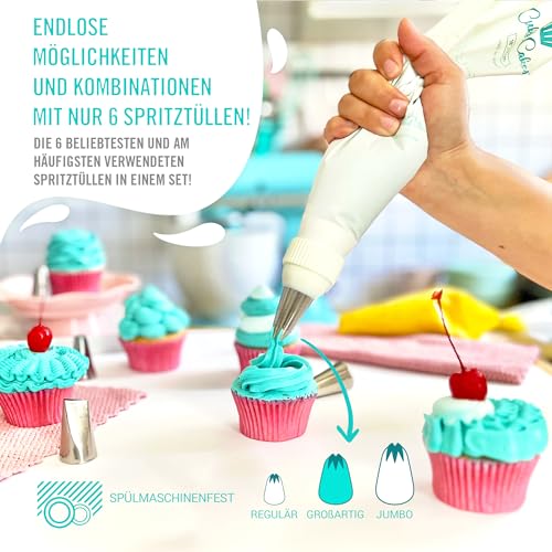 Foto von CukkiCakes Spritzbeutel Mit Tüllen Profi Set (9 Stück): Spritzsack Wiederverwendbar (45cm) + 6 Spritztüllen Groß (1M, 2D, 4B, 1A, 124, 895) + Adapter | Torten Spritztüte Set Made in Japan & Korea