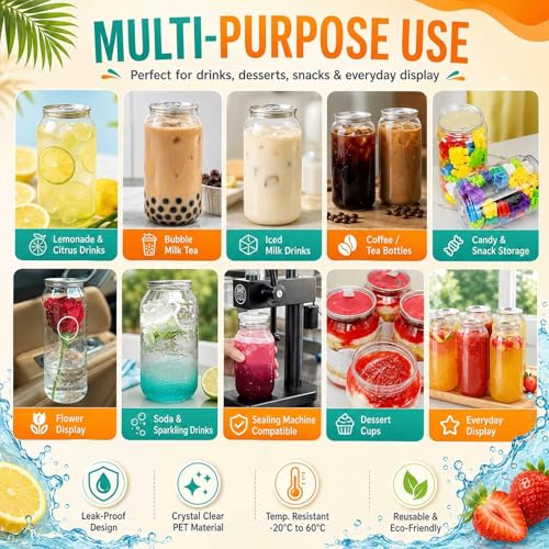 Miniatura 8 de Aromaoveite Pack De 200 Latas De Plástico Pet Transparente Con Tapas, Vasos Sellables Para Máquina Selladora De Latas, Recipientes Vacíos Para Bebidas, Jugo,Té Con Leche,Café Helado 330ml