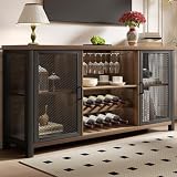 Launica Wine Bar Cabinet, Industrial Coffee Bar Cabinet, Farmhouse Liquor Bar Cabinets for Liquor and Glasses, Sideboard Buffet Cabinet with Storage Rack, Rustic Oak, 55 in