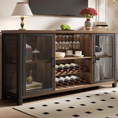 Wine-Bar-Cabinet-Industrial-Coffee-Bar-Cabinet-Farmhouse-for-Liquor-and-Glasses-Sideboard-Buffet-Cabinet-with-Storage-Rack-for-Home-Kitchen-Dining-Room-Rustic-Oak-55-In Wine Bar Cabinet Industrial Coffee Bar Cabinet Farmhouse for Liquor and Glasses Sideboard Buffet Cabinet with Storage Rack for Home Kitchen Dining Room Rustic Oak 55 In