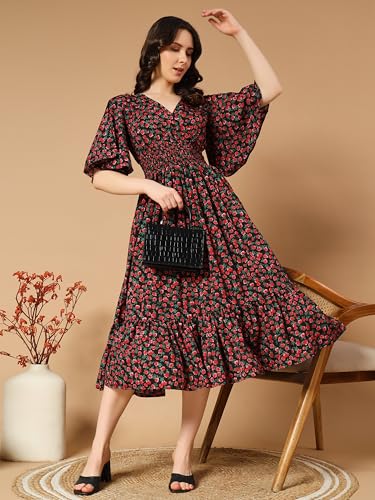 Kzully Women's Rayon Smocked Midi One Piece Dress (6001-Red-Small-Flower-S_Red-Flower_S)