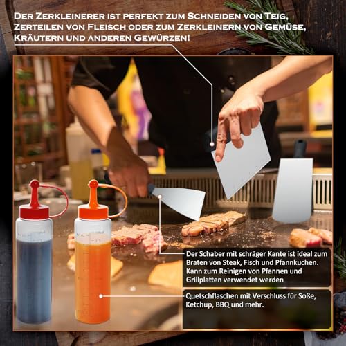 35 Stück Grillspachtel Set aus Edelstahl - Teppanyaki Grillschaufel Set, Smash Burger Set, mit Burger Glocke & Plancha Zubehör, für Grillen, Picknick, Camping