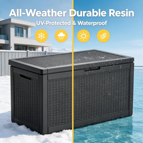 Image of 130 Gallon Deck Box,Lockable Outdoor Storage Box Gas Lift,Waterproof,Black | Package delivery box for outside, outdoor bench with lid, holds patio cushions, gardening tools, dock storage for patio