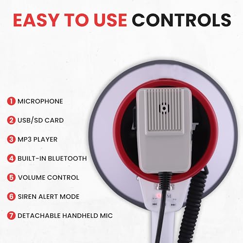 Pyle Megaphone - 50 Watt Bluetooth PA Bullhorn with Adjustable Volume Control, 1200-Yard Range, USB/SD/AUX Inputs for Music, Ideal for Sports, Cheer & Coaching