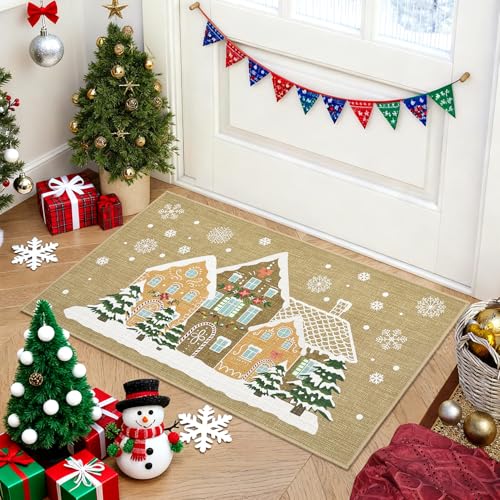 RUGSREAL クリスマスドアマット 屋内エントランス 17x19インチ キッチンマット 床用 滑り止め クリスマスドアマット バスルームラグ 汚れ防止カーペット ベッドサイド玄関ランドリー用 17インチx19インチ ジンジャーブレッドハウス [3]