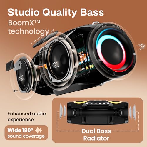 Image of GOBOULT Bassbox Q60 Bluetooth Speaker with 60 Watt BoomX Audio, Up to 14Hrs Playtime, Type-C Charging, AUX /TF Card /USB & BT 5.4 Compatible, Dual Radiator, Portable Speaker (Black)