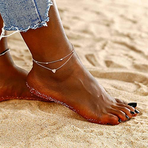 Jecomy Dainty Anklet For Women Silver Anklet Waterproof Ankle Bracelets Layered Heart Anklet Cute Beaded Chain Anklets Summer Jewelry Gift For Girls #TOP2