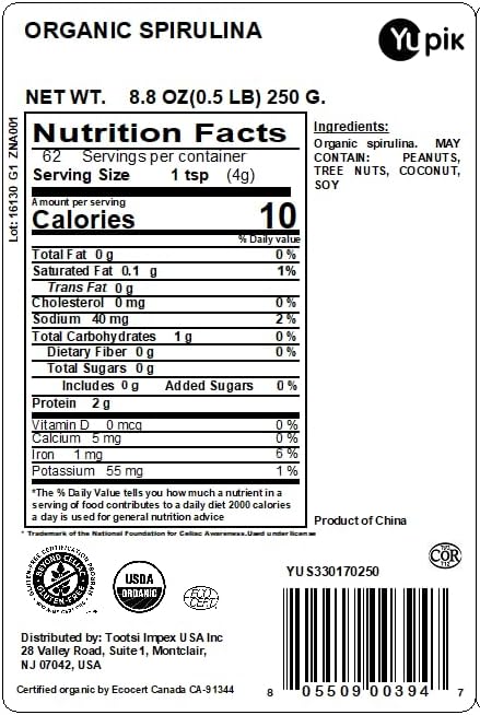 Miniatura 2 de Yupik Espirulina orgánica en polvo de 8.8 onzas, certificado USDA, sin OMG, Kosher, sin gluten, vegano, alto en proteínas, hierro y antioxidantes,