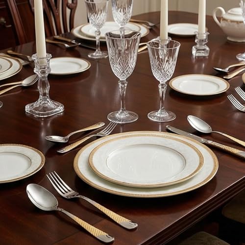 Image of Sterling Silver With Golden Handle French Style Silverware | 5-Piece Hammered Dinner Spoon Set | 18 /10 Stainless Steel Flatware | Elegant & Durable Cutlery for Home, Restaurants & Gifting