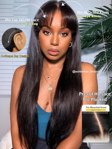 Image of Sunber Bye Bye Knots 7x5 Lace Front Glueless Fluffy Natural Loose Wave Curtain Bangs Wig Human Hair Pre Plucked Invisible Knots Pre Everything Ready to Go 16Inch