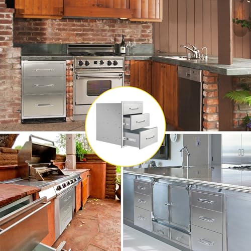 Image of Outdoor Kitchen Drawers 18 inch W x 23 inch H x 21 inch D Flush Mount Triple BBQ Drawers with Chrome Handle Stainless Steel Drawer for Outdoor Kitchen Island, Patio Grill Station