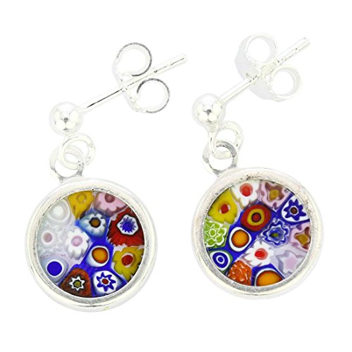Glass Of Venice Italian Murano Glass Earrings Small Stud Round Multicolor Millefiori Flower In Sterling Silver 3/8 Inch - Murano Glass Earrings For Women3