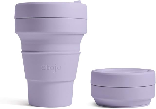 STOJO On-The-Go Collapsible Coffee Cup - 12oz / 355ml - Reusable & Foldable Silicone Travel Mug with Lid - Portable, Pocket Size - Dishwasher Safe - Lilac