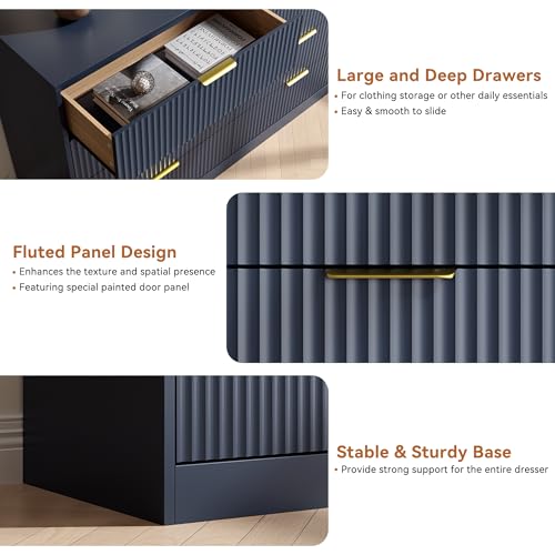 Image of Blue Fluted Dresser Bedroom with 8 Drawer,55 inch Wide White Double Drawer Dresser Modern Chest of Drawers with Gold Handles,Wood TV Stand for Bedroom,Living Room (Blue, 8 Drawer Dresser)
