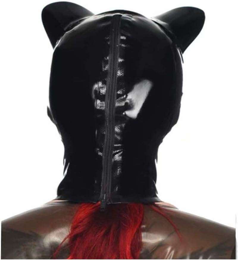 Latex Mask Black Transparent Cat's Ears Hood 0.4mm Man Woman Eyes Mouth Head Cover Cosplay BC27