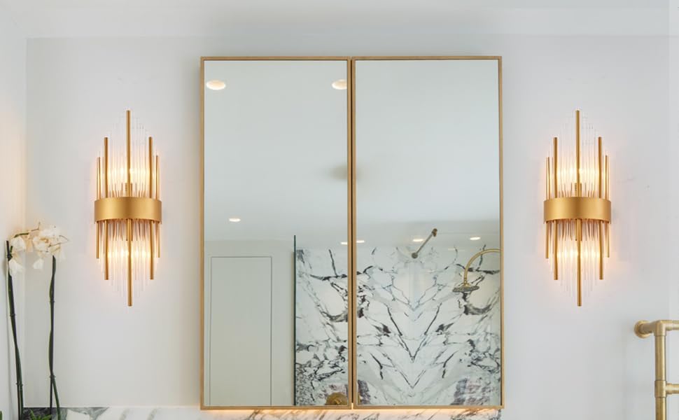 Miniatura 9 de Apliques de pared de latón, lámpara de pared de cristal de cristal, lámpara de pared moderna para dormitorio, baño, tocador, pasillo, juego de dos,