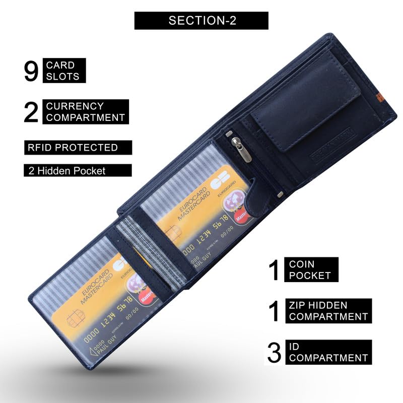 Image of Mens Wallets - Full Grain Original Leather RFID Wallet for Men, 9 Card Slots, 3 ID Windows, Stylish and Secure Card & Cash Holder (Large, Navy Blue)