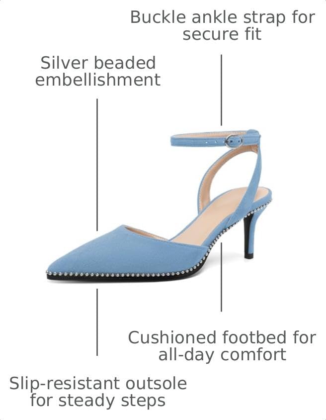 Image of SAMMITOP Kitten Heels for Women Low Heel Closed Toe Ankle Strap Pumps Wedding Party Beaded Dress Shoes 2.4 Inch