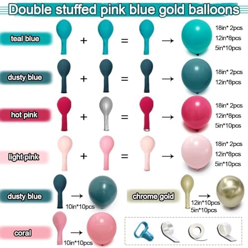 Image of Teal Blue Pink Balloon Garland, Double Stuffed Hot Light Pink Dusty Blue Gold Balloon Arch Kit for Summer Birthday Baby Shower Gender Reveal Tropical Party Decoration