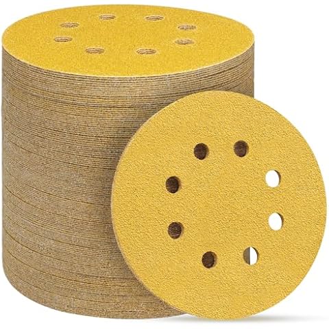 POTUINOM 100PCS 5 Inch 8 Hole Sanding Discs 60 Grit,Gold Round Hook and Loop Sandpaper for Random Orbital Sande Cover