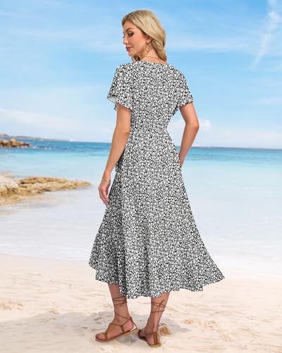 Image of AUSELILY Women Summer Midi Dresses Wrap Short Flutter Sleeve Elegant Dress | High Slit,High-waisted,Ruffled Hem,V-Neck,Fixed-strap Design,Skin-Friendly,Breathability,Wedding Guest Dresses