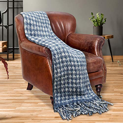 Young Arc Woollen Mohair Throw Blanket With Tassels Basket Weave Lightweight Luxury Throws For Sofa Couch Chair Bedroom Travel Soft Warm Cozy Decor Plush Bed Blanket 51 X 67 Inches Denim Blue #TOP1