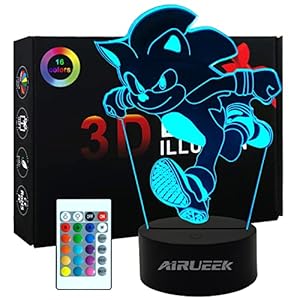 AIRUEEK Lampada Sonic Hedgehog 3D Luce Notturna Bambini-16 Variazioni Di Colore/1 Telecomando/1 Base Nera/-Decorazione Camera Regali Creativi Anime Gadget Per Bambino Ragazzo Uomo Sonic Fans