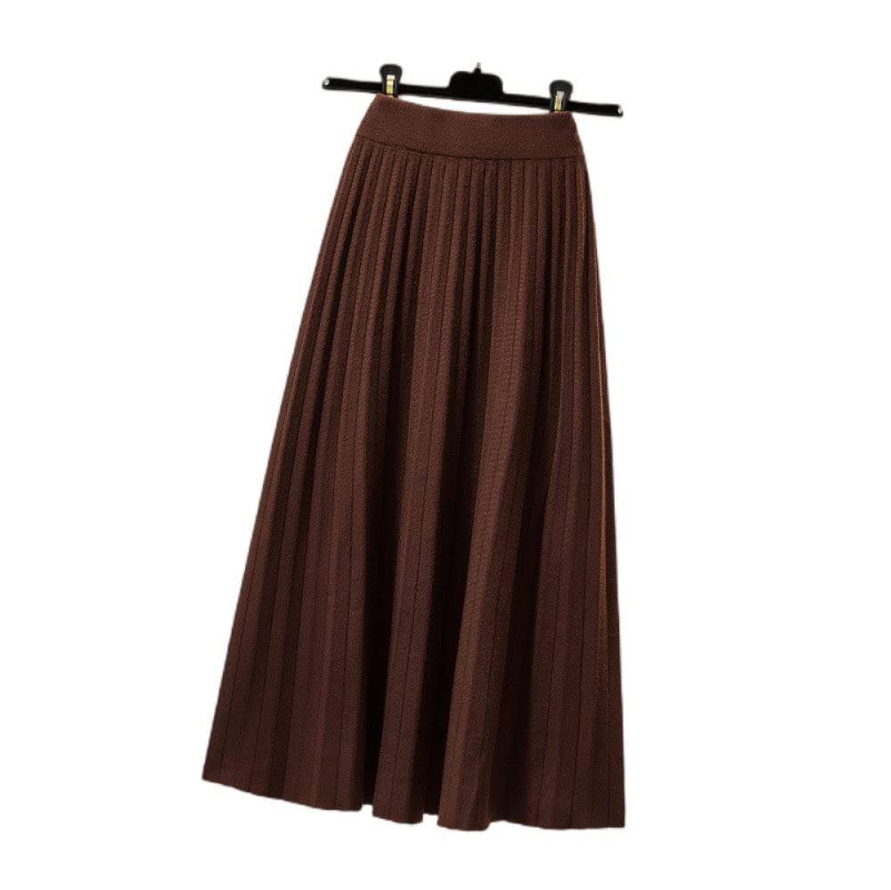 Dehnbarer Strickrock,Damen-Midirock, Dunkelbraun, Elastisch, Hohe Taille, Gestrickter Faltenrock, Hüftumwickelt, A-Linie, Schaukel, Gerafft, Herbst, Einfache Lange Röcke Für Mädchen, Damen,L