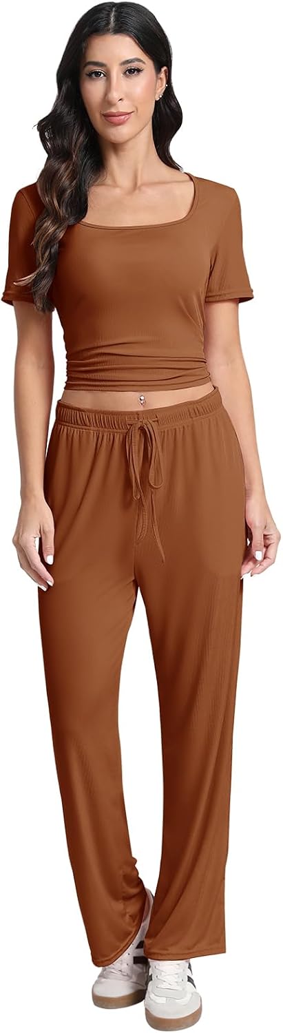 Women's 2 Piece Set Summer Outfits I Lounge Sets Short Sleeve Tops I High Waisted Wide Leg Pants Tracksuit Sets - Image 4