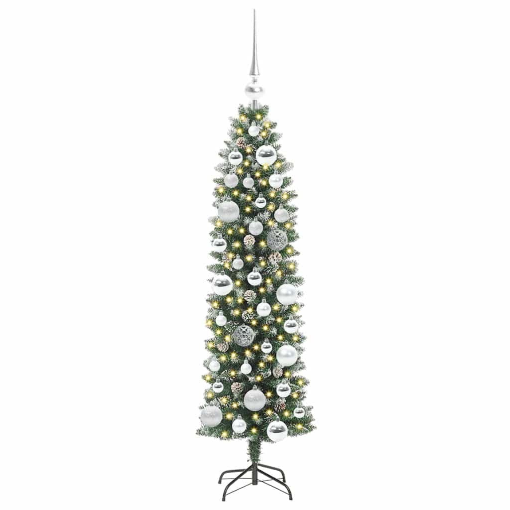 Albero di Natale artificiale sottile verde e bianco alto 120 cm con 150 luci LED bianco caldo, 8 modalità, punte in PVC per interni, decorazione festiva
