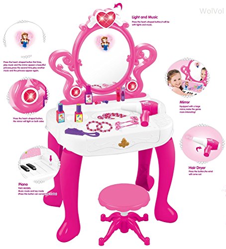 Wolvolk 2-In-1 Vanity Set Girls Toy Makeup Accessories With Working Piano & Flashing Lights, Big Mirror, Cosmetics, Working Hair Dryer - Glowing Princess Will Appear When Pressing The Mirror-Button #TOP2