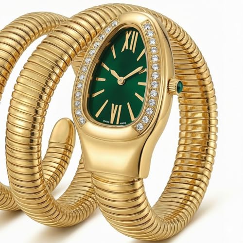 Image of Serpentine Snake Watch for Woman with Spiral Bracelet, Green Dial Watch for Woman with Quartz, Stylish Analog Waterproof Serpenti Watches Women