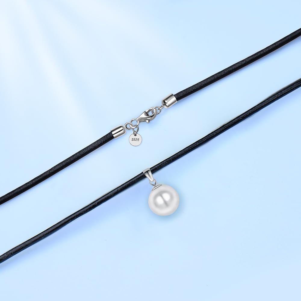 Perlen Leder Halskette für Damen Echtes Leder 45 cm 925er Silber Verschluss Anhänger Kette 12 mm runde Naturperle Muschelperle