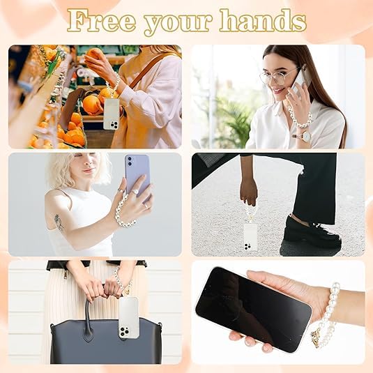 Image of KHOLAD White Bow Phone Chain Crossbody Pearl Strap | 2in1 Wrist & Shouler Crossbody Lanyard | Pearl Beads Charms Chain with Phone Tether Patches | Compatible with Most Phones, Bag, Purse