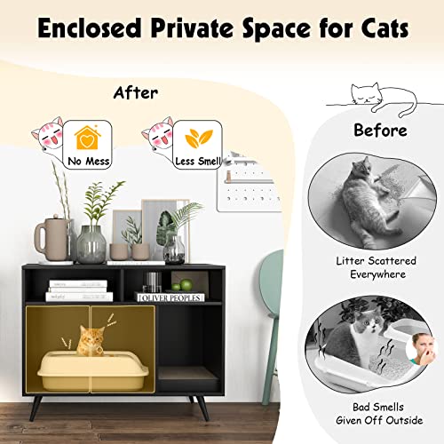 Petsite Litter Box Enclosure, Wooden Cat Litter Box Furniture Hidden With Shelves & Scratching Pad, Kitty Large Litter Box Washroom Cabinet End Table #TOP2