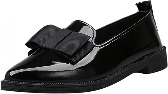 Amazon Co Jp D Monikall フラットシューズ 蝶結び リボン エナメル パンプス ローファー ポインテッドトゥ デザイン 歩きやすい ペタンコ ヒール なし ローヒール ゴム底 痛くない 幅広 結婚式 フォーマル ウェディング パーティー ビジネス ファッション