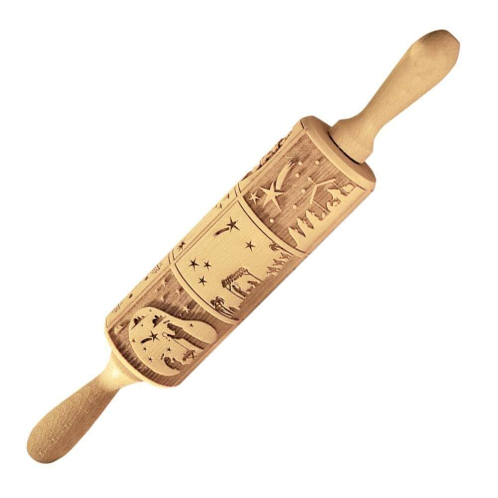 1pc Nativity Engraved Rolling Pin Embossed Dough Roller Xmas Cutter Kitchen Pastry Christmas