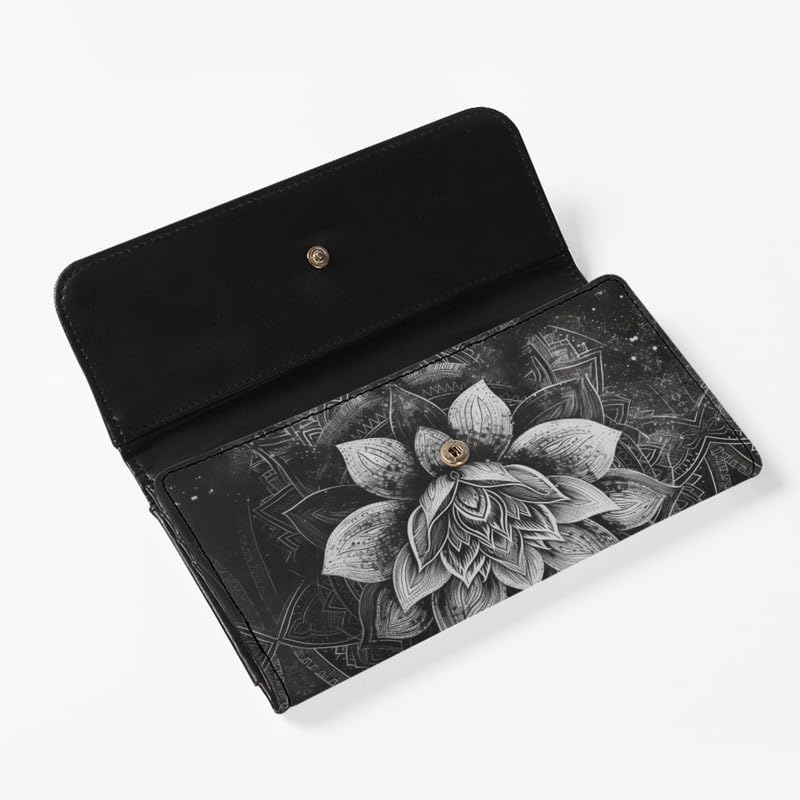 Lotus Mandala Women PU Leather Tri-fold Wallets Black And White Sketch Flower Zipper Pocket Buckle Money Manager Starry Sky Tall Billfold Secretary Cash Wallet4