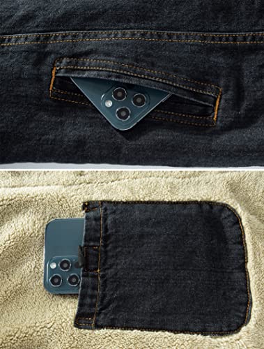 How'on Men's Plus Cotton Warm Fur Collar Sherpa Lined Denim Jacket Button Down Classy Casual Quilted Jeans Coats Outwear Black L #TOP5