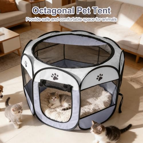 Tierlaufstall Faltbar 74x74x43cm, Welpenlaufstall aus Oxfordgewebe & Atmungsaktivem Netzstoff, für Sowohl Drinnen als Auch Draußen, Katzen, Hunde, Kaninchen und Kleintiere (Graue Hundeklauen)
