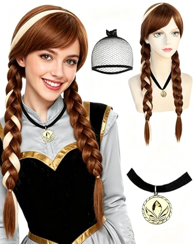 Anogol Hair Cap+ (1 Necklace) Long Brown Braided Ponytails Wig Brown Braids Princess Wigs Women Princess Cosplay Halloween Anime Party Costume Auburn Wig with Blonde Highlight Brown Braided with Bangs
